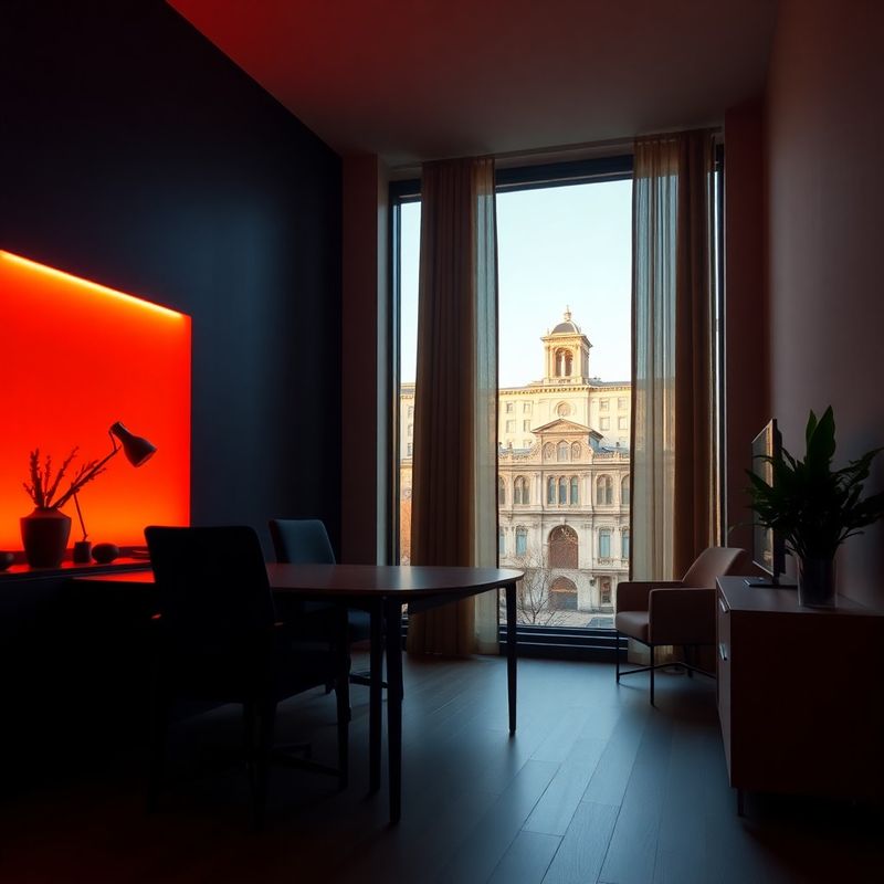 Interior de birou cu accente coral pe fond miez de noapte, lumină caldă de după-amiază
