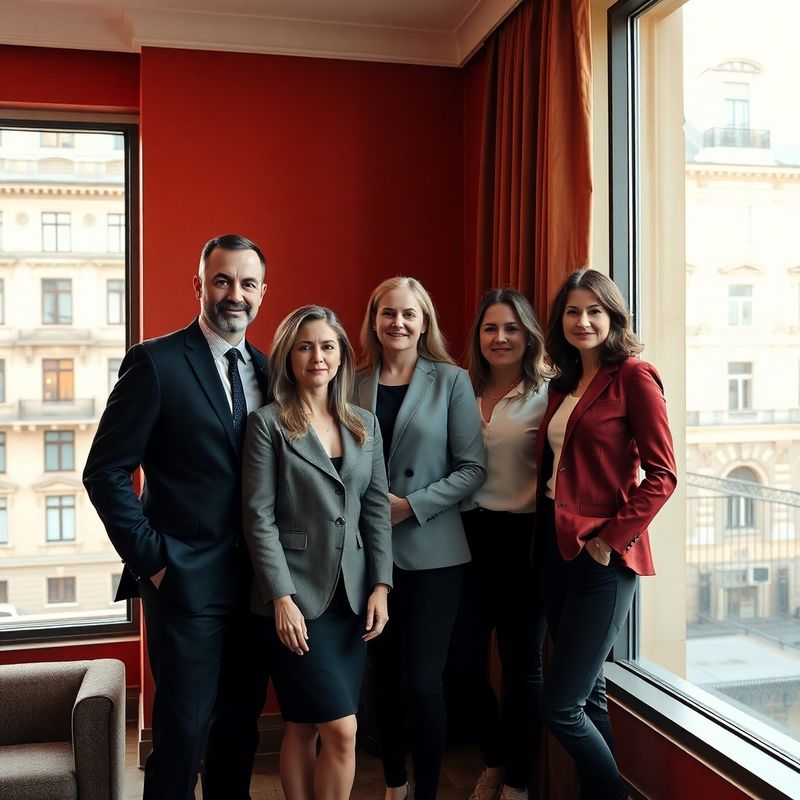Portret de grup al celor patru consilieri StrategyElevation într-un birou cu accente coral și miez de noapte
